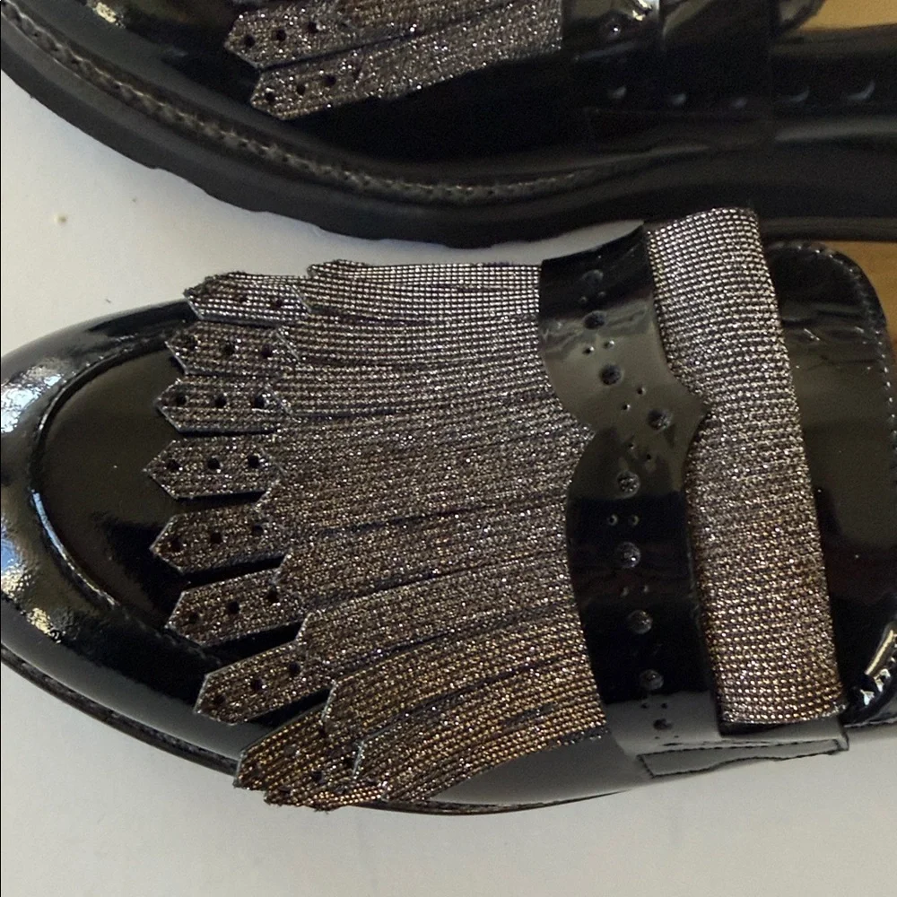 Mr. Pennywise Wedged Black Patent Loafer with Metallic Fringe - Picture 13 of 16